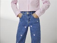 Kids ONLY light medium blue denim/embroidered blue hearts wide jeans